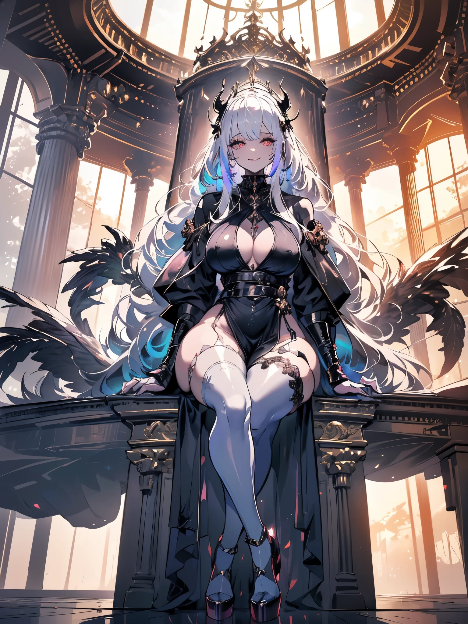 Divinasitting girl statue, white hair, long sideburns, long fangs, glowing red eyes, claws, small round breasts, cleavage, thin waist, (((like a jack queen, sitting imposingly, sarcastic smile, platform heels, thick thighs) )), dark low-light scene where only a beam of light enters through the ceiling, {extremely detailed 16k CG unit wallpaper}, expansive landscape photography, (a view from below with focus on the character and setting), (wide open field view), (low angle shot), (high light: 1.2), (low light: 1.5), (warm light source: 1.2), complex details, (iridescent colors: 1.5), (illumination bright), (atmospheric lighting), dreamy, unique,