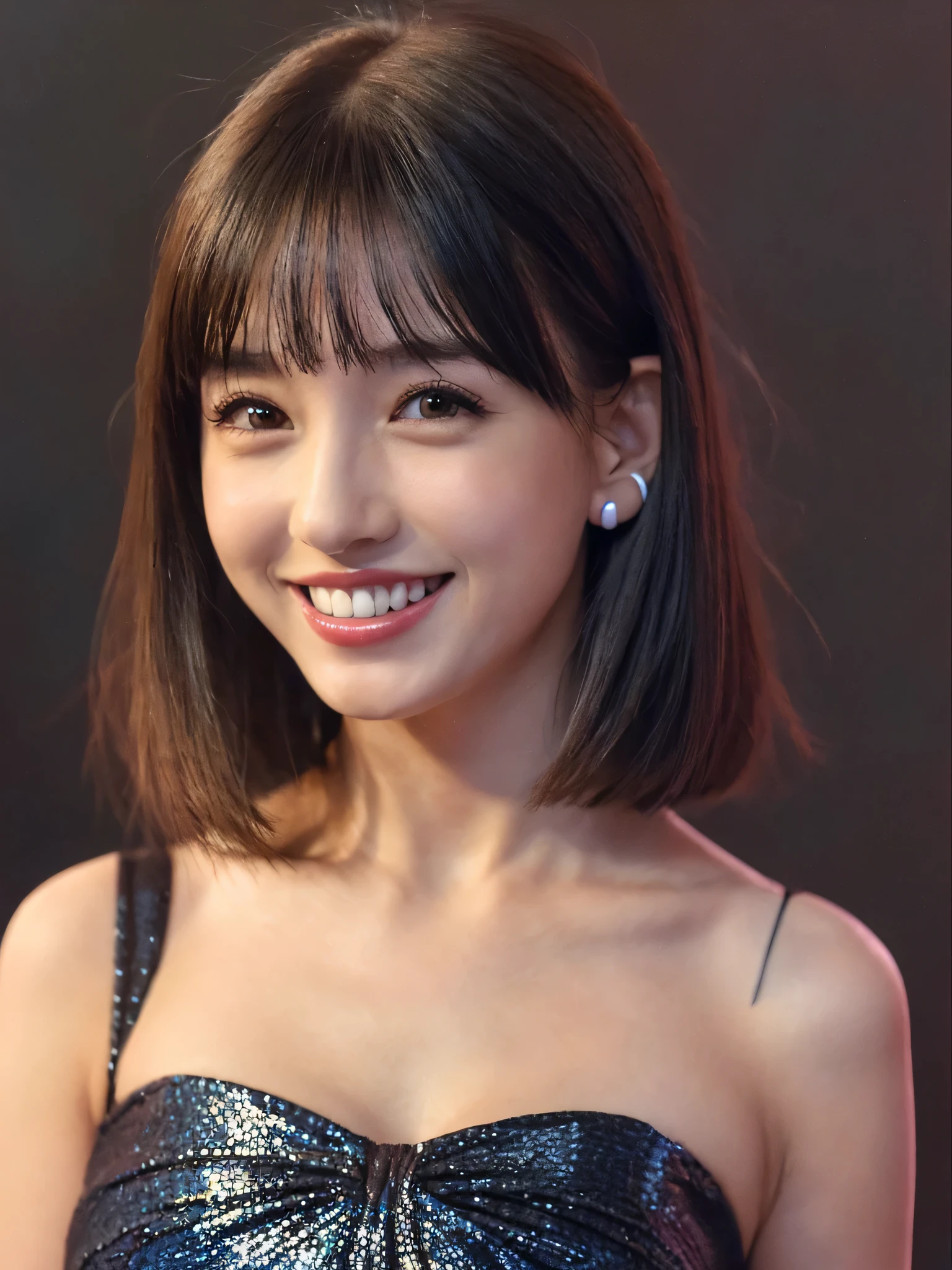 (sfw:1.5),(masterpiece, highest quality),1 girl, Cute beauty、28 years old、alone, Looking at the audience, (((Gray Hair)))、Highly detailed shiny short bob hairstyle:1.4, short hair:1.8、Beautiful symmetrical face、Beautiful and attractive woman、Whity, lips, bangs, Outdoor, Mouth closed, Upper Body、Big eyes、eyelash、(((Blue Costume)))、((Very simple black background:1.8))、(((Looking at the audience、Show me your ears、Long neck、smile、smile)))、Ideal body type、(((huge big breasts , Cleavage:1.6、Happy smile、Beautiful Teeth)))、(((Anatomically correct:1.5)))、(Perfect body proportions)、 ((Round face)), Realistic Eye Size, Big Eyes、Droopy eyes
