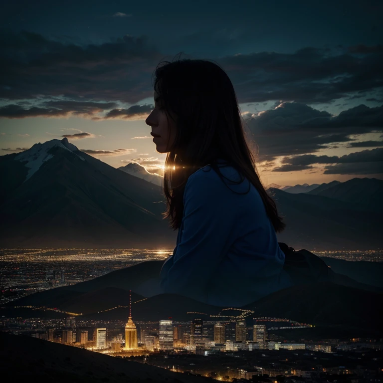 Perfecto, here is a description for the book cover "Entre Susurros":
En la portada, se muestra una persona sentada en la cima de un cerro, with the city stretching out before them on the horizon. A su lado, a ghost is sitting, also looking towards the city. La persona principal parece estar hablando en voz baja, mientras el fantasma escucha atentamente. En el fondo, se pueden ver los pensamientos de la persona, donde el fantasma responde a sus palabras. The title of the book, "Entre Susurros", se destaca en letras elegantes sobre la imagen.