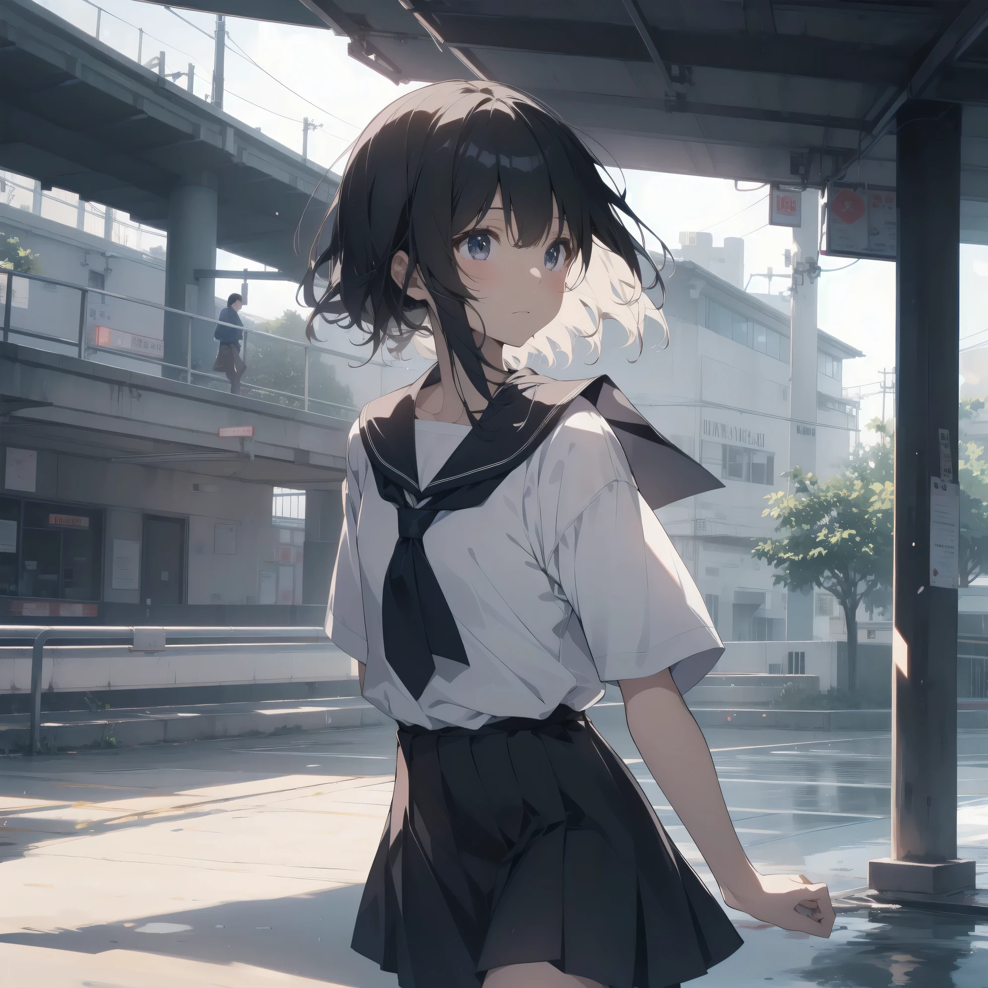 ultra-absurdres-Top quality by artist God, ultra-detailed, high resolution, anime moe artstyle, best anime 8k konachan wallpaper, pixiv contest winner, pool:2810, perfect anatomy,break, 1girl, (Please draw a girl walking to school alone. )break,(Solo,little female, 13-year-old:1.3),Full limbs, complete fingers,a junior high school student, (very short hair), short cut, flat chest, , small butt, small black eyes, beautiful detailed eyes, well-proportioned iris and pupils, expressive eyes, highres detailed hair, soft expression, school_uniform, serahuku, neckerchief, shirt, short sleeves, pleated skirt,(Detailed Lighting), (Detailed background), in the School commute route. break,super detailed skin, Best cinematic lighting powered by famous artist, 8k,beauty illustration,photoshop_(medium),very aesthetic,break,((artist:dd_(ijigendd) )), artist:bolze ,artist:oyari ashito ,artist:kantoku ,