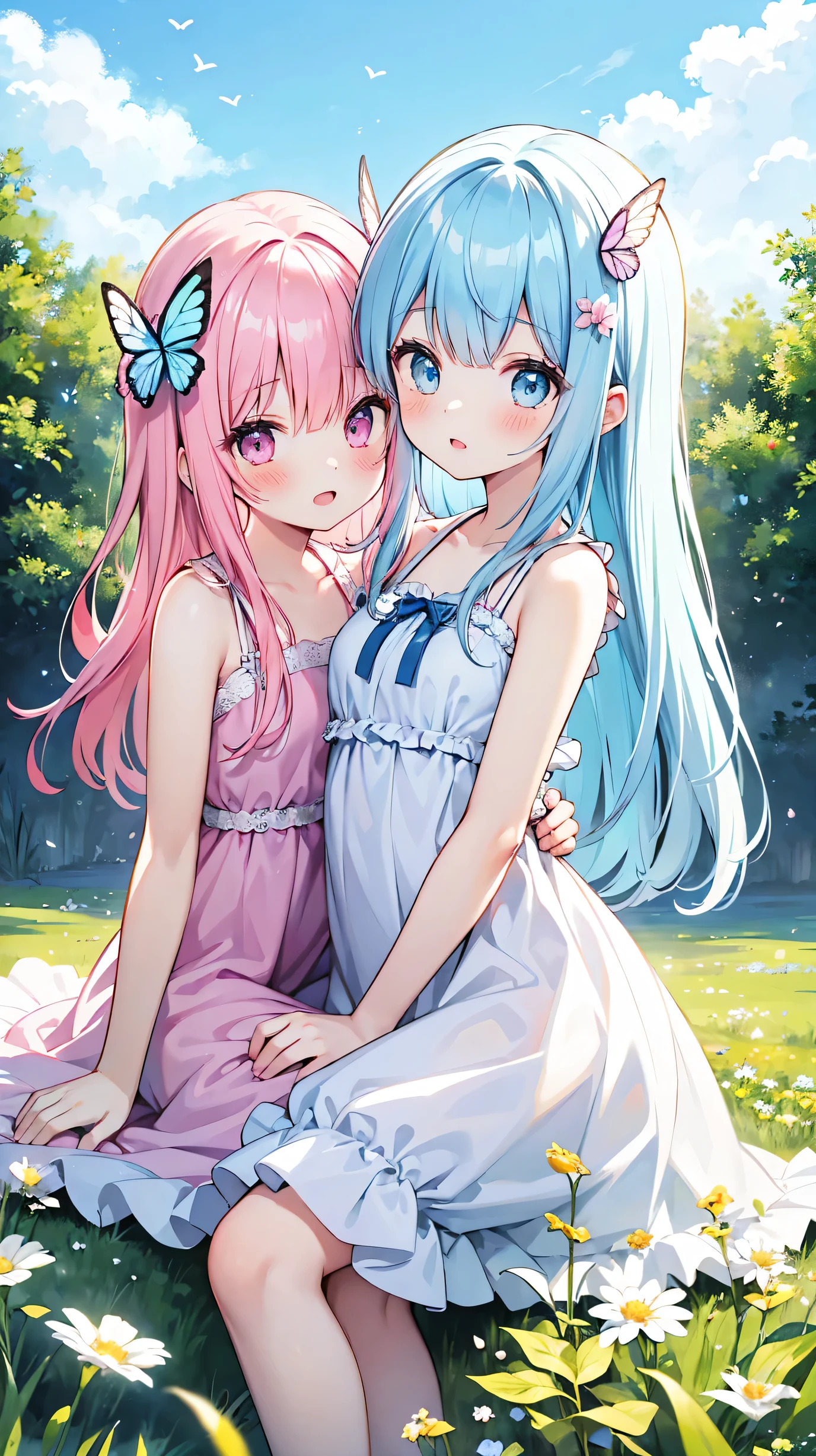 Two pure and innocent girls,10 years old、2 people(Pink-haired person、1 Name Light Blue Hair)、Cute face、Beautiful Eyes、White skin、Natural Beauty、Warm sunshine、Wildflowers swaying in the wind々Surrounded by、Enjoying time in the fields。Butterflies and birds flutter around her、Creates a playful atmosphere、Silk one-piece dress、Sit on、