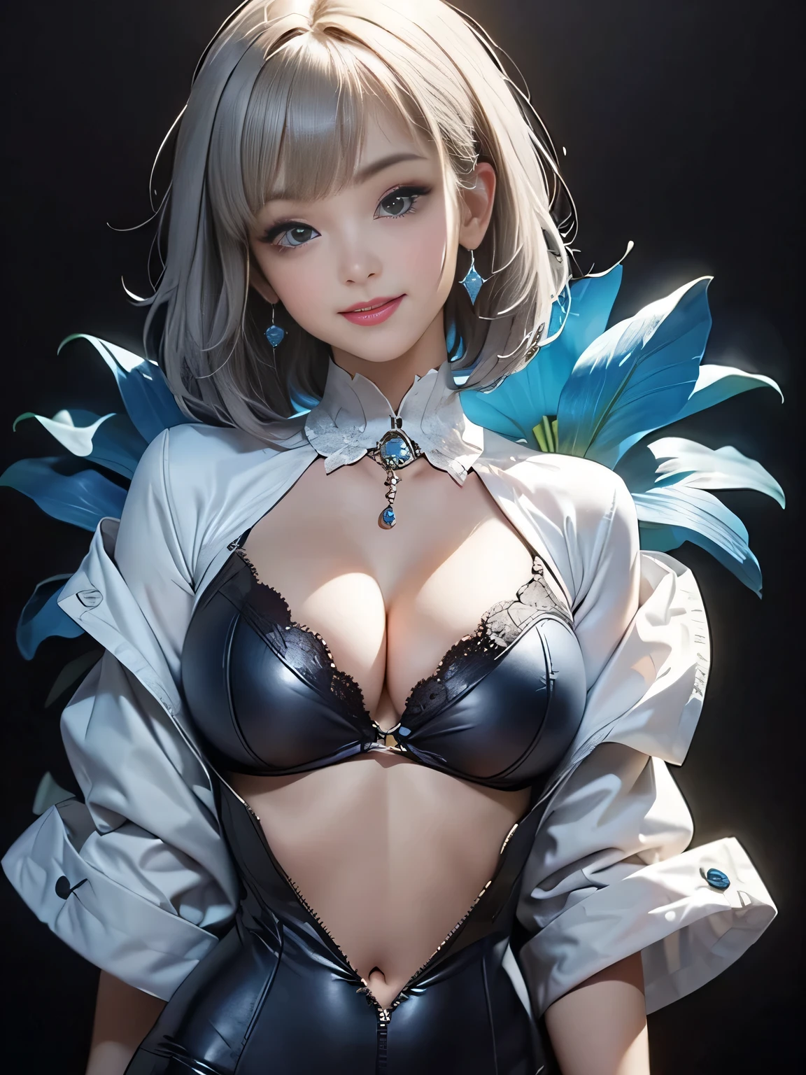 (sfw:1.5),(masterpiece, highest quality),1 girl, Cute beauty、28 years old、alone, Looking at the audience, (((Gray Hair)))、Highly detailed shiny short bob hairstyle:1.4, short hair:1.8、Beautiful symmetrical face、Beautiful and attractive woman、Whity, lips, bangs, Outdoor, Mouth closed, Upper Body、Big eyes、eyelash、(((Blue Costume)))、((Very simple black background:1.8))、(((Looking at the audience、Show me your ears、Long neck、smile、smile)))、Ideal body type、(((huge big breasts , Cleavage:1.6、Happy smile、Beautiful Teeth)))、(((Anatomically correct:1.5)))、（Perfect body proportions)、 ((Round face)), Realistic Eye Size, Big Eyes、Droopy eyes