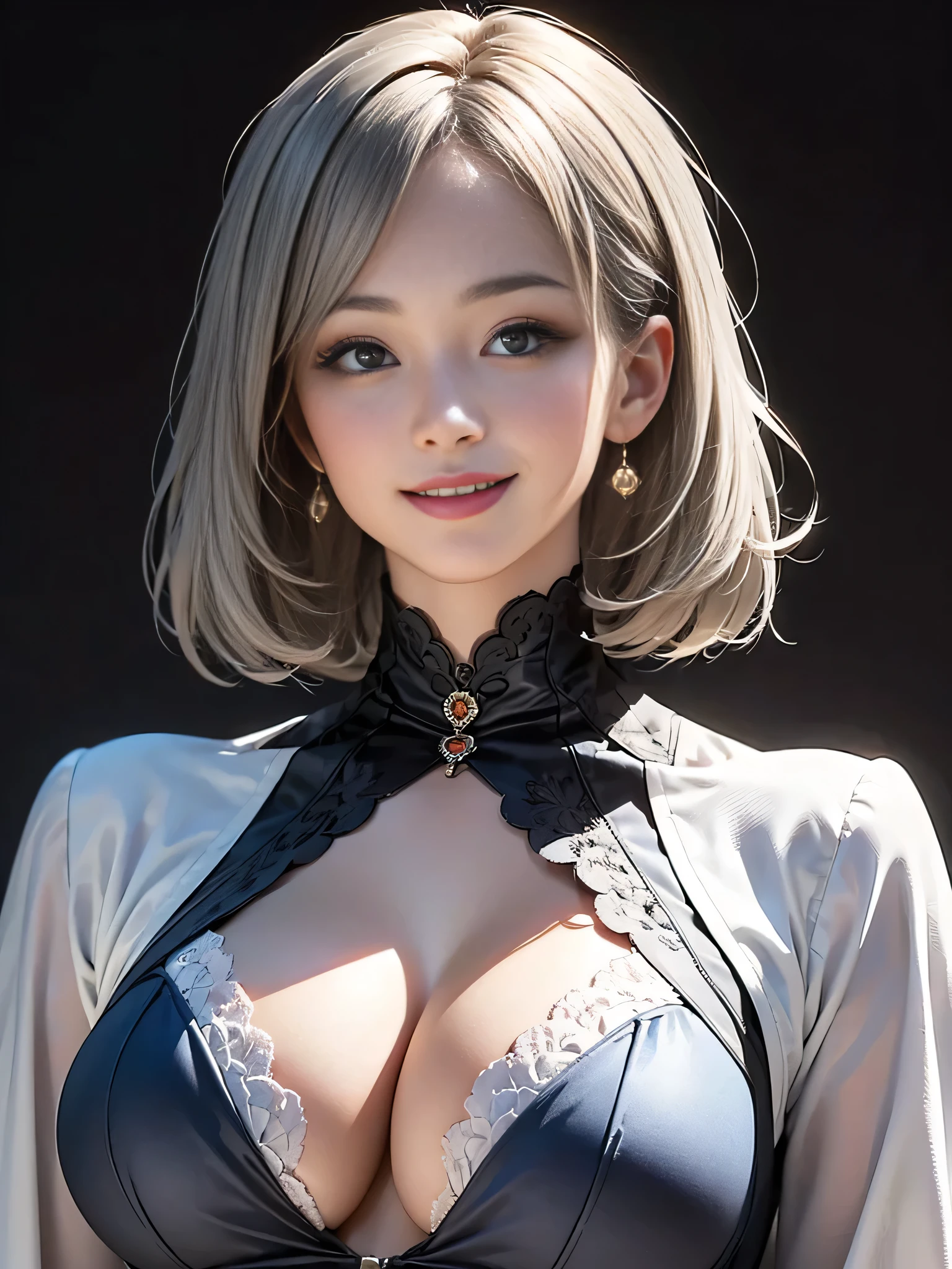 (sfw:1.5),(masterpiece, highest quality),1 girl, Cute beauty、28 years old、One female, Looking at the audience, (((Gray Hair)))、Highly detailed shiny short bob hairstyle:1.4, short hair:1.8、Beautiful symmetrical face、Beautiful and attractive woman、Whity, lips, bangs, Outdoor, Mouth closed, Upper Body、Big eyes、eyelash、(((Blue Costume)))、((Very simple black background:1.8))、(((Looking at the audience、Show me your ears、Long neck、smile、smile)))、Ideal body type、(((huge big breasts , Cleavage:1.6、Happy smile、Beautiful Teeth)))、(((Anatomically correct:1.5)))、（Perfect body proportions)、 ((Round face)), Realistic Eye Size, Big Eyes、Droopy eyes