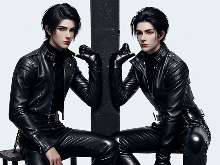 Final Fantasy-style graphics, young, Cute and cool two Japanese boys,borth Thin eyebrows and big eyes,   both wearing a shiny white single-breasted leather jacket.......。Biker style leather jacket、 with epaulettes,  The jacket is zipped up, The jacket pockets are black., The jacket has a high stand-up collar with a belt, Also wearing a black turtleneck, Black Leather Pants, Thin black leather gloves on both hands, Black leather knee-high lace-up boots, Show me your ((whole body)) from head to toe, Final Fantasy Style、((good looking))、((Age: 20 years old))、((good looking))、((Clear eyes and nose))、((Shiny white color single leather jacket))、((The jacket must be white color.))、((The jacket has epaulettes))、((Jacket has a high stand-up collar and belt))、((The jacket has a black pocket))、((Black turtleneck shirt))、((Black Leather Pants))、((Always wear shiny black leather gloves on both hands))、((Cover all fingers on both hands with gloves))、((Black lace-up leather long boots))、((View full-body images from a distance))、Realistic image quality and texture、In a small cell、((close the eyes))、A kind smile、((The front of the jacket is closed with a zipper))、((No skin below the neck))、((round face)、((Short Hairstyleedium build))、((Upright posture))、((don't sit))、((he handcuffed both hands))