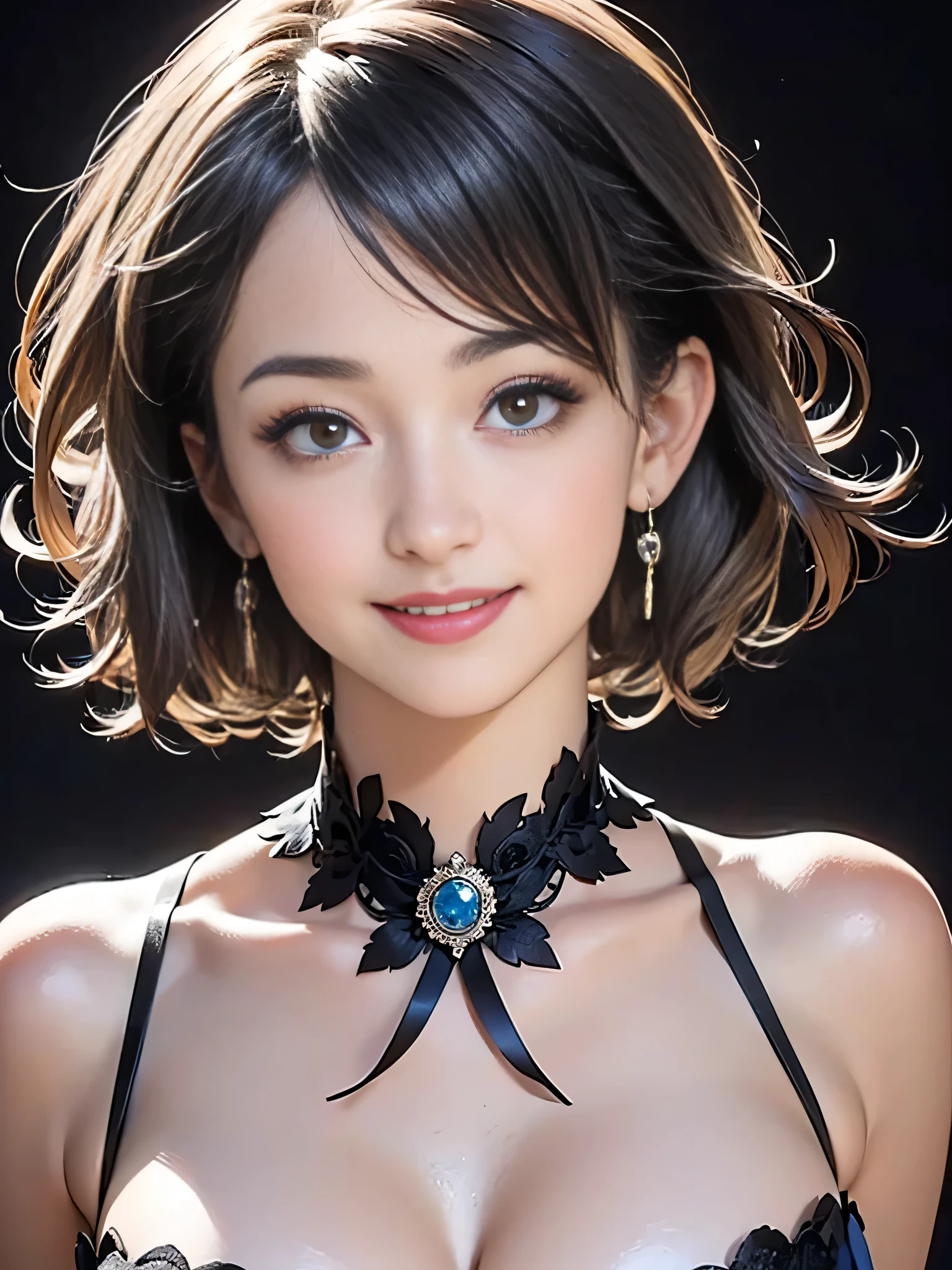 (sfw:1.5),(masterpiece, highest quality)、 Cute beauty、28 years old、1 female, Looking at the audience, (((Gray Hair)))、Highly detailed shiny short bob hairstyle:1.4, short hair:1.8、Beautiful symmetrical face、Beautiful and attractive woman、Whity, lips, bangs, Outdoor, Mouth closed, Upper Body、Big eyes、eyelash、(((Blue Costume)))、((Very simple black background:1.8))、(((Looking at the audience、Show me your ears、Long neck、smile、smile)))、Ideal body type、(((huge big breasts , Cleavage:1.6、Happy smile、Beautiful Teeth)))、(((Anatomically correct:1.5)))、(Perfect body proportions)、 ((Round face)), Realistic Eye Size, Big Eyes、Droopy eyes