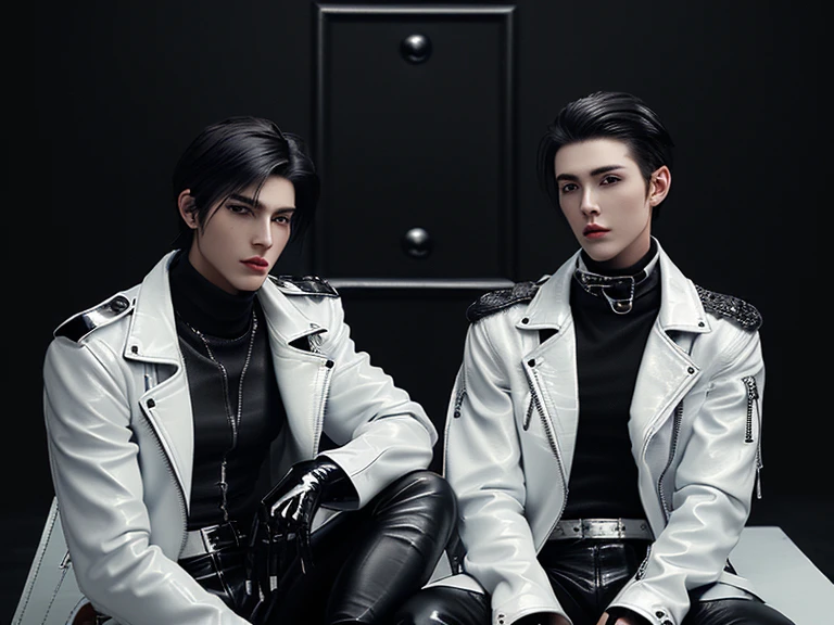 Final Fantasy-style graphics, young, Cute and cool two Japanese boys,borth Thin eyebrows and big eyes, both wearing a shiny white single-breasted leather jacket.......。Biker style leather jacket、 with epaulettes, The jacket is zipped up, The jacket pockets are black., The jacket has a high stand-up collar with a belt, Also wearing a black turtleneck, Black Leather Pants, Thin black leather gloves on both hands, Black leather knee-high lace-up boots, Show me your ((whole body)) from head to toe, Final Fantasy Style、((good looking))、((Age: 20 years old))、((good looking))、((Clear eyes and nose))、((Shiny white color single leather jacket))、((The jacket must be white color.))、((The jacket has epaulettes))、((Jacket has a high stand-up collar and belt))、((The jacket has a black pocket))、((Black turtleneck shirt))、((Black Leather Pants))、((Always wear shiny black leather gloves on both hands))、((Cover all fingers on both hands with gloves))、((Black lace-up leather long boots))、((View full-body images from a distance))、Realistic image quality and texture、In a small cell、((close the eyes))、A kind smile、((The front of the jacket is closed with a zipper))、((No skin below the neck))、((round face)、((Short Hairstyleedium build))、((Upright posture))、((don't sit))、((he handcuffed both hands))