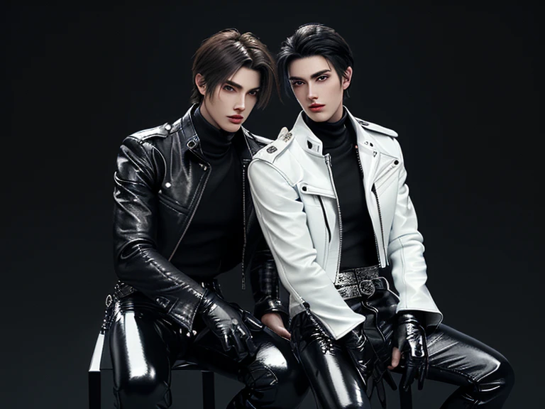 Final Fantasy-style graphics, young, Cute and cool two Japanese boys,borth Thin eyebrows and big eyes, both wearing a shiny white single-breasted leather jacket.......。Biker style leather jacket、 with epaulettes, The jacket is zipped up, The jacket pockets are black., The jacket has a high stand-up collar with a belt, Also wearing a black turtleneck, Black Leather Pants, Thin black leather gloves on both hands, Black leather knee-high lace-up boots, Show me your ((whole body)) from head to toe, Final Fantasy Style、((good looking))、((Age: 20 years old))、((good looking))、((Clear eyes and nose))、((Shiny white color single leather jacket))、((The jacket must be white color.))、((The jacket has epaulettes))、((Jacket has a high stand-up collar and belt))、((The jacket has a black pocket))、((Black turtleneck shirt))、((Black Leather Pants))、((Always wear shiny black leather gloves on both hands))、((Cover all fingers on both hands with gloves))、((Black lace-up leather long boots))、((View full-body images from a distance))、Realistic image quality and texture、In a small cell、((close the eyes))、A kind smile、((The front of the jacket is closed with a zipper))、((No skin below the neck))、((round face)、((Short Hairstyleedium build))、((Upright posture))、((don't sit))、((he handcuffed both hands))