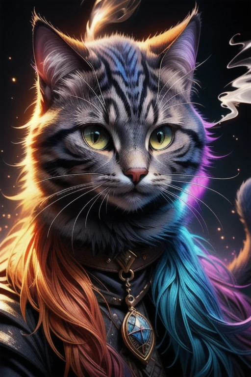 Fluffy Portrait (wizard cat:1.2), Very detailed, Vibrant colors, fairy tale, Fantasy, Medieval, Magic Light, cigarette, Dark Background, high quality, 最high quality, Awards, High Contrast, Cinema Lighting, (masterpiece),