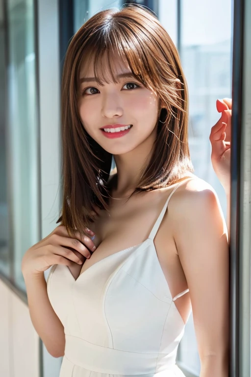 Stick your body against the large glass、press your chest against the glass。 (highest quality, 4K, 8k, High resolution, masterpiece:1.2), Brown Hair、Outer bob hair、Unbelievably big 、smile、White dress