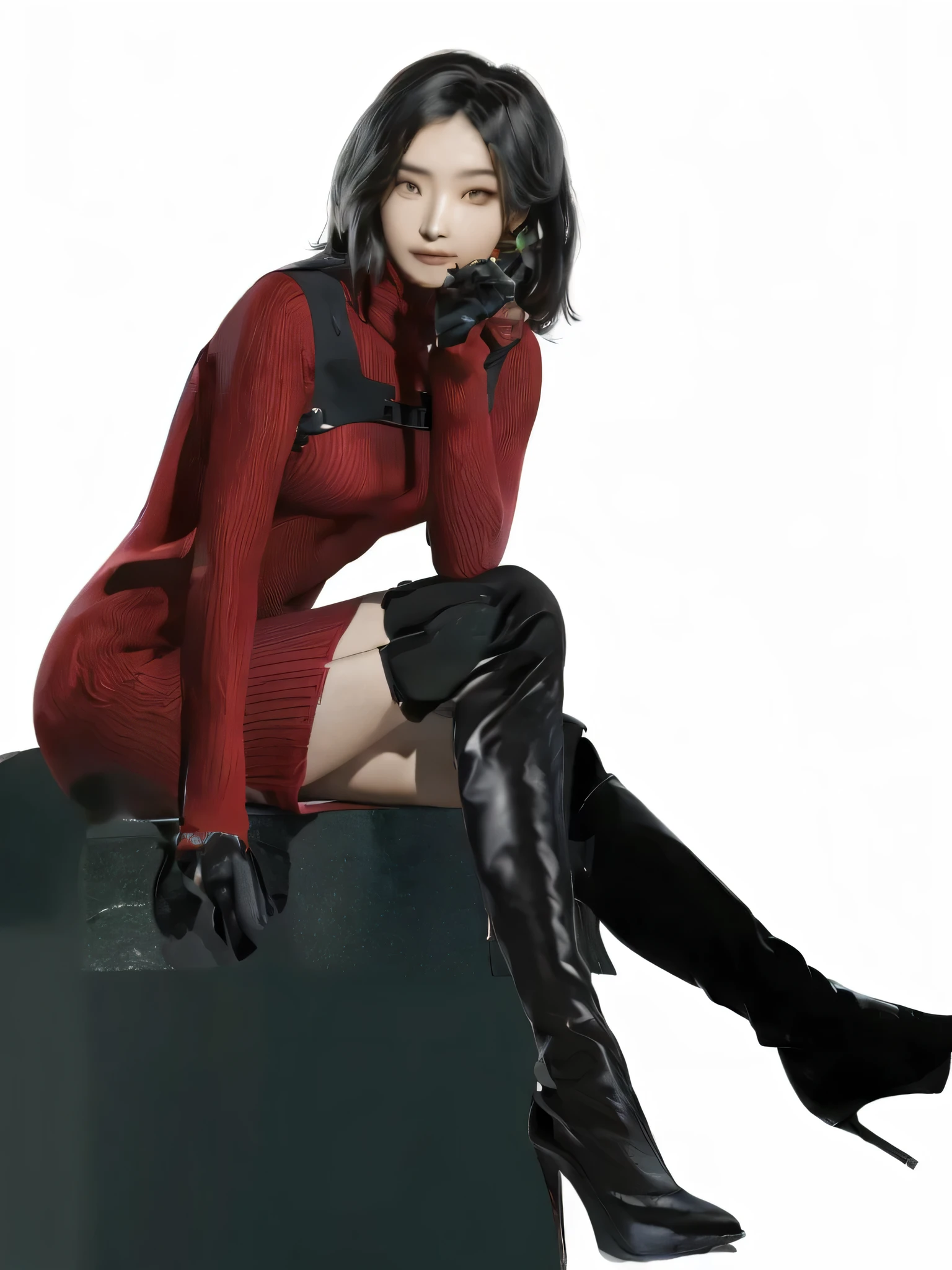 Araffe woman in red sweater and black boots sitting on green box, iu lee ji-eun como supervillano, xianxia de cuerpo completo, Park Shin Hye as a super villain, modelo de moda femenina coreana, v del diablo puede llorar como un elfo, jiyun chae, heonhwa choe, ropa roja, jia, por Yang J.