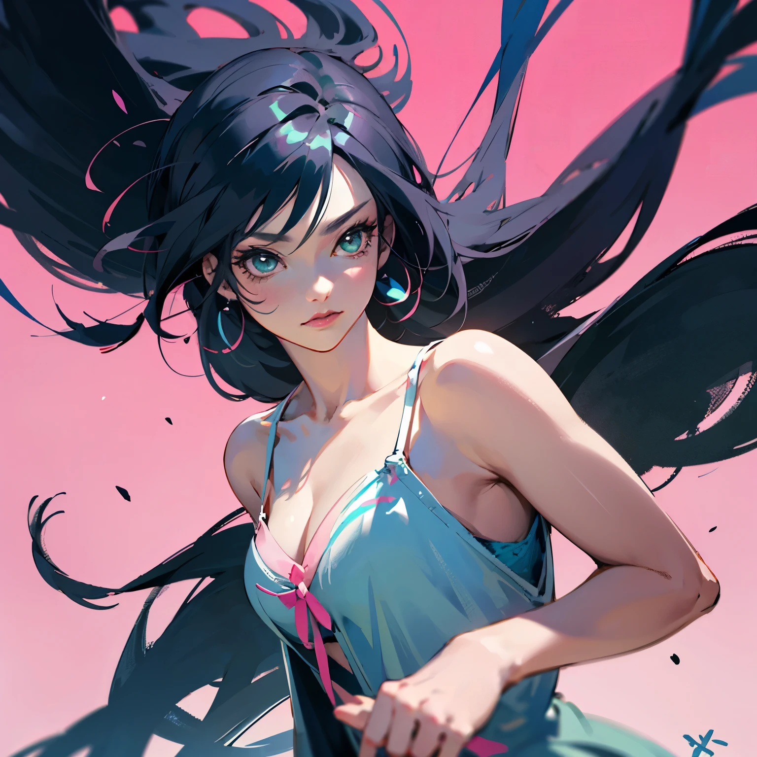 girl with long black hair with light pink tips. she is wearing a black spaghetti strap style dress and a light pink cardigan. wearing a black high-top converse. aesthetically pleasing 2D focus anime with a touch of realistic vibes. Valorant style
