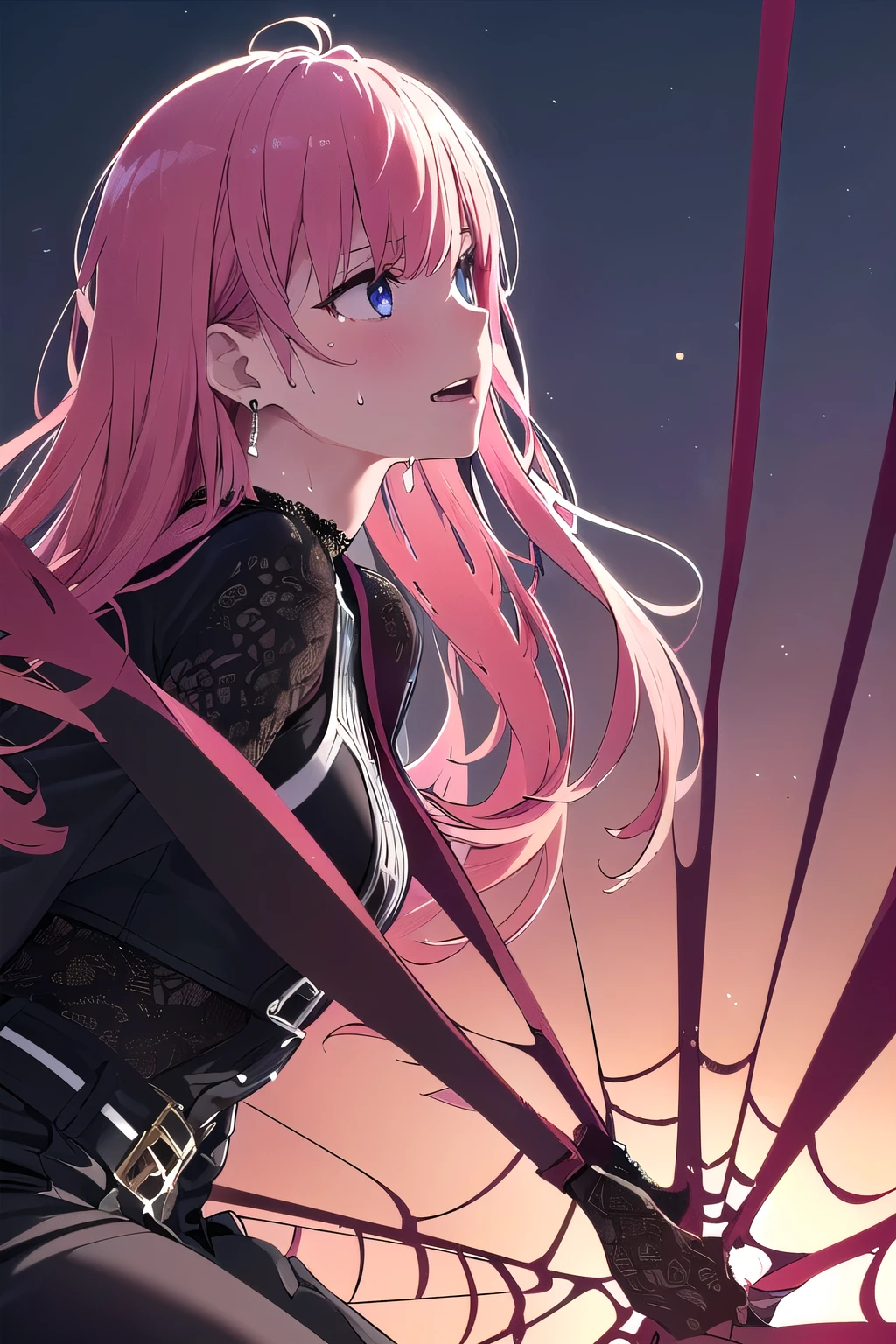 (8K, top-quality, masterpiece:1,2), (reallistic, Photorealistic:1.37), Super Detail, One girl,), (Highly detailed), (beautifully detailed eyes), (of the highest quality), (super detailed ), (masterpiece), (Detailed face),20yr old, ,1 girl, ((pink hair,long hair)), medium breasts, clothed, Perfect Lighting, BREAK, (dark heroine:1.5), (deep purple lace glossy lingerie:1.4), (black long sleeves:1.3, spider web pattern:1.4), (high-waisted wide-leg PVC pants:1.4, black:1.5), (metallic accents:1.3), (torn patterns:1.2), (leather:1.3), (rubber:1.2), (satin:1.2), (belt loops:1.2), (side pockets:1.2), (gloves:1.2), (choker:1.2), (wide belt:1.2), (spider earrings:1.3), (platform boots:1.3), (over-the-knee socks:1.2), BRAKE, (high quality:1.5), (upper body and knees:1.3), (low angle:1.2), (pink long hair:1.3, wavy:1.2), (ecstatic expression:1.3), (face:1.2, looking up:1.2), (hands clasped:1.2), (flushed cheeks:1.2), (sweat:1.2), (bodily fluids:1.5), (moody lighting:1.3), (dark room:1.3, red and purple lights:1.2), (silhouette effect:1.2), (highlight on face:1.2), BRAKE