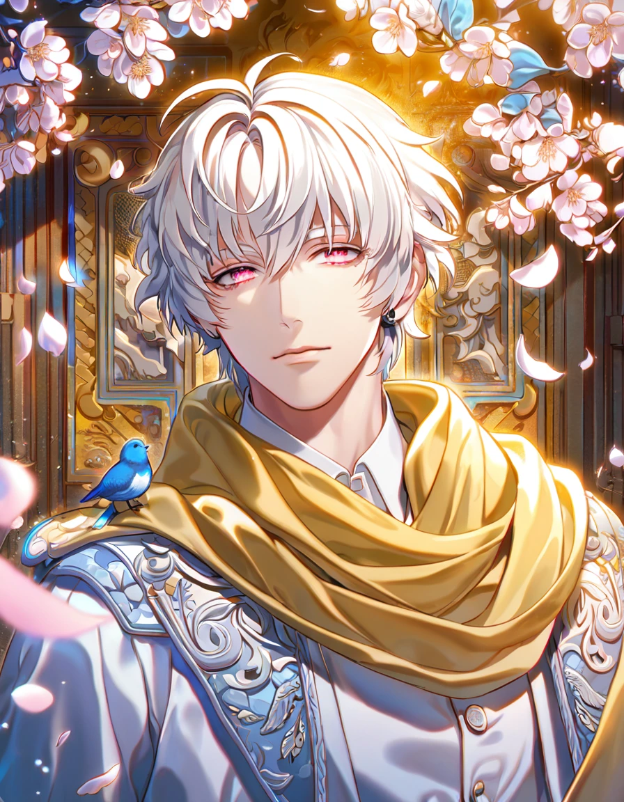 absurdres, highres, ultra detailed, HDR, masterpiece, Clear, white hair, expressive pink eyes, Dramatical ??????, white coat, yellow scarf, white shirt, designed with decorations such as blue leaves, blossoms and birds, 1man, handsome, petals