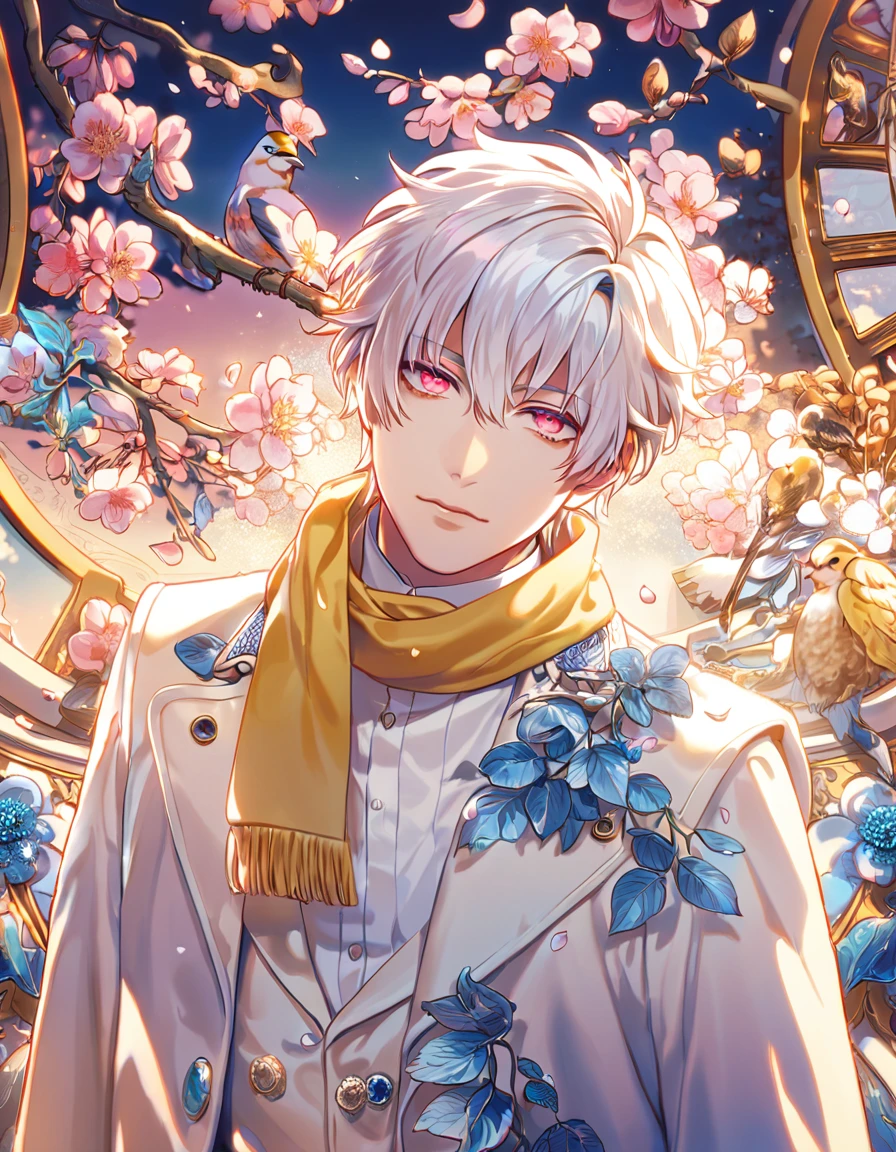 absurdres, highres, ultra detailed, HDR, masterpiece, Clear, white hair, expressive pink eyes, Dramatical Murder, white coat, yellow scarf, white shirt, designed with decorations such as blue leaves, blossoms and birds, 1man, handsome, petals