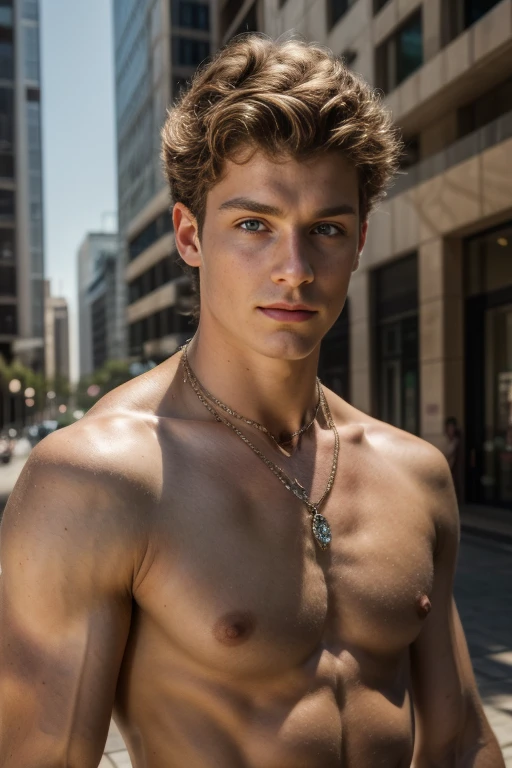 (best quality, 4k, 8k, high resolution, Masterpiece: 1.2), ultra detailed, (realistic, photorealistic, photorealistic: 1.37), 1 male model, albino skin color, green eyes, brown hair, slightly curly hair , wears a necklace with diamonds, sensual and imposing pose, serious face, muscular and thin build, the model is , has a slight smile, thick and strong biceps, full torso photo, abdomen with defined muscles