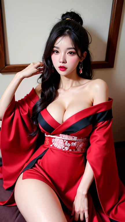 beautiful girl,sexy,black hair,Wearing a bright red kimono with an open shoulder.,Sleep in a sexy position,On a Japanese style bed