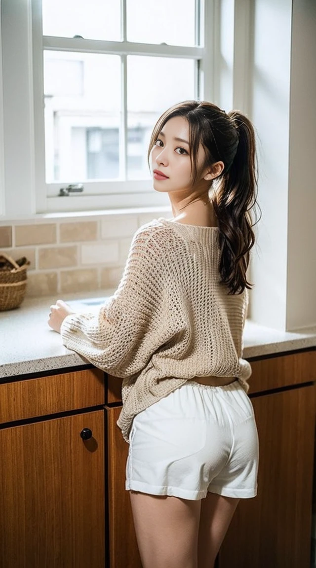 Dark brown hair、Light brown eyes、Japanese actress、 Lady、I am about 40 years old..、(Intricate details:1.2)、(Which one is on top??:1.4)、 (Ultra-high resolution:1.2)、Ultra-high resolution、(Finely tuned)、(Detailed facial features)、Hmph、8k resolution、D cup size breasts、Long Hair、A bright, sunny kitchen、Large windows、Extravagant space、relax、、,Full body photo、Head to toe shot、Beautiful legs、A loose openwork sweater、Underwear shorts、Beautiful legs、Bright, sunny kitchen、she, household items, (plant:0.8), Fashion Hub, Extreme Detail, Very detailed, Realistic, Hourglass-shaped body, Obscene pose,、Messy Hair、Messy ponytail、Leaning against the kitchen、I cry a lot、tears、Skin showing through the knit、White floor、White wall、Turn your ass towards me、Top view、