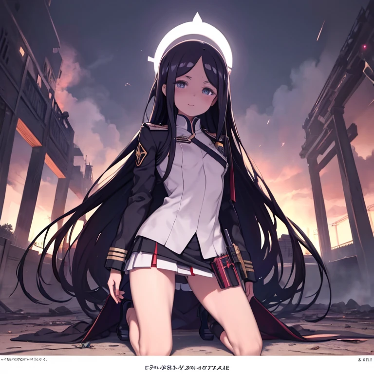 masterpiece, highest quality, Abandoned city and fire in the background, An anime girl in uniform kneeling on the ground, White  SS soldier, 4K Manga Wallpapers, bleach, Exterminator, Bloodstained, Amazing anime 8k, gapmoe yandere, yandere, Albedo from the anime Overlord, Creepy Smile, Crazy laughter, Laugh with the corners of your mouth turned up, Black hair Long hair, White mini skirt, White long-sleeved military uniform