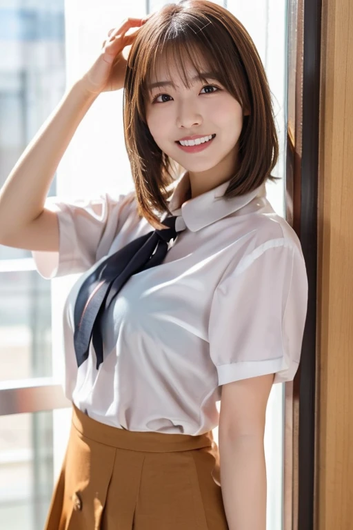 Stick your body against the large glass、press your chest against the glass。 (highest quality, 4K, 8k, High resolution, masterpiece:1.2), Brown Hair、Outer bob hair、Unbelievably big 、smile、uniform、Short skirt