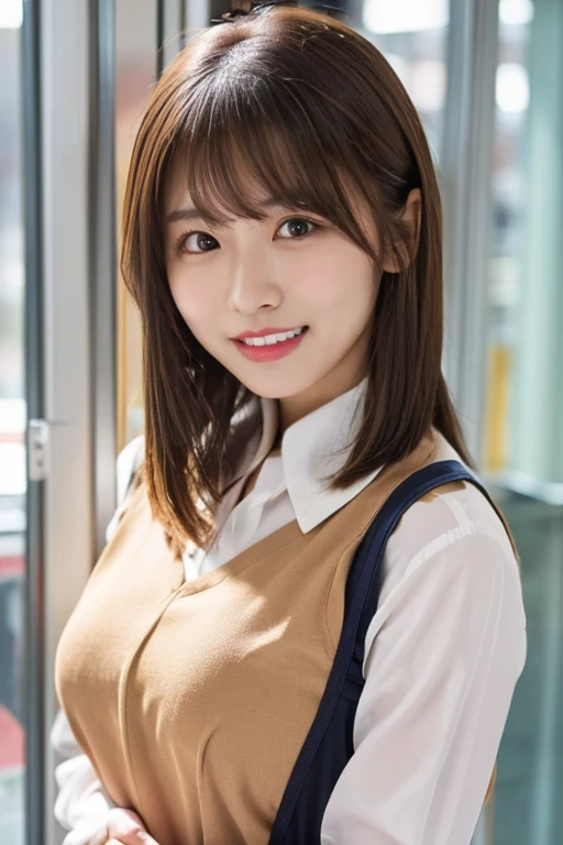 Stick your body against the large glass、press your chest against the glass。 (highest quality, 4K, 8k, High resolution, masterpiece:1.2), Brown Hair、Outer bob hair、Unbelievably big 、smile、uniform、Short skirt