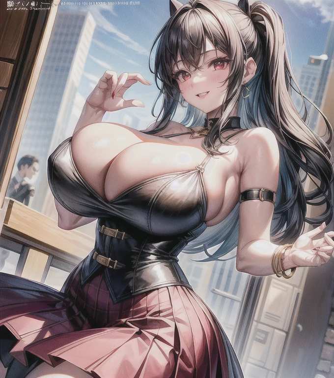 masterpiece, Great work, whole body, One girl, bangs, Black choker, Black tie, Black Hair, Blue clothes, blush, bracelet, Beautiful breasts, choker, corset, clavicle, Collared shirts, Denim Photos, Dress shirts, Earrings, Eyebrows visible through hair, Gradient Hair, Grin, Improve, jewelry, Kogal, Long Hair, Looking at the audience, Loose tie, tie, Earrings, Plaid skirt, Plaid skirt, Pleated skirt, Red eyes, ring, , shirt, skirt, smile, alone, 白のshirt, street, null, cherry blossoms, petal, figure, (magazine: 1.3), (cover style: 1.3), fashion, woman, vitality, dressing, Pause, front, colorful, dynamic, background, element, have confidence, Expressive, Holding, statement, Attachments, Majestic, Coiled, The surrounding area, touch, scene, article, cover, bold, Eye-catching, title, fashion, font, Catchy, title, Greater than, Eye-catching, Heading, Greater than, Eye-catching, Modern, fashionable, Concentrated, fashionable, Big Breasts、Camel Toe、Giant tit、Nipple Puffs、Cleavage、Plump、Super big breasts、Super big butt、Temptation、lure