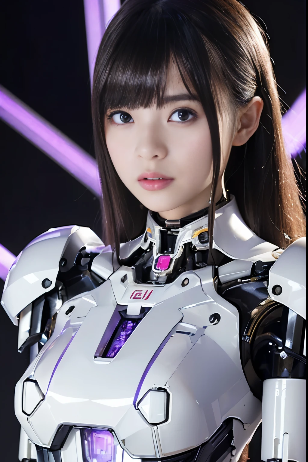 Top quality、masterpiece、Ultra-high resolution、(Photorealistic:1.4)、original photo、1 girl、Black Hair、((Below the neck is a fully mechanical skeleton with no skin.:1.4))、(((Colorless transparent latex,Attractive feminine shape covers the body:1.4)))、((Large transparent resin nipple:1.4))、((Ultra-realistic details))、porch、Global Illumination、shadow、Octan Rendering、8K picture quality、Super sharp、((All mechanical metals are mirror-plated with silver.:1.4))、Details of complex decorative mechanical skeleton、Blood vessels inside the tube、Extremely complex details、realistic light、CG social trends、Purple Eyes、Radiant in front of the camera、Neon details、Machine Limbs、Mechanical spine、Mechanical neck, Wires and cables to the head、Gundam、Small LED lights、(Purple light behind:1.2)、There is a woman taking pictures of herself, Hologram inspired by Leng Mei, cg Social Hotspot, interactive art, Role Player, Popular content on cgstation, Japanese cartoons convention, Japanese cartoons , With a fan. Unreal 5, Japanese cartoons style mixed with fujifilm, professional , Girl in mecha network armor, hot topic Japanese cartoons convention