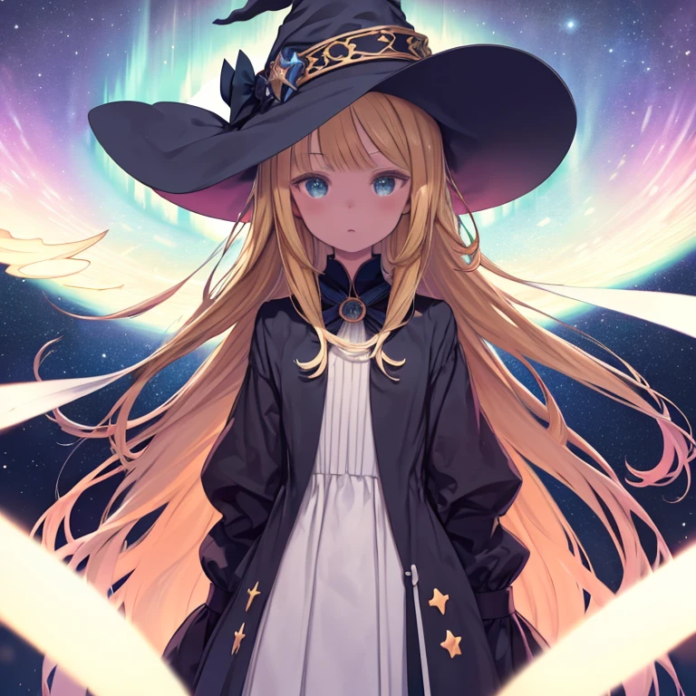 ((masterpiece:1.2, highest quality)), One girl, alone, (Witch Hat), Blonde, Long Hair, dress, Aurora, night, star (null), Mitt, null, White dress, night days