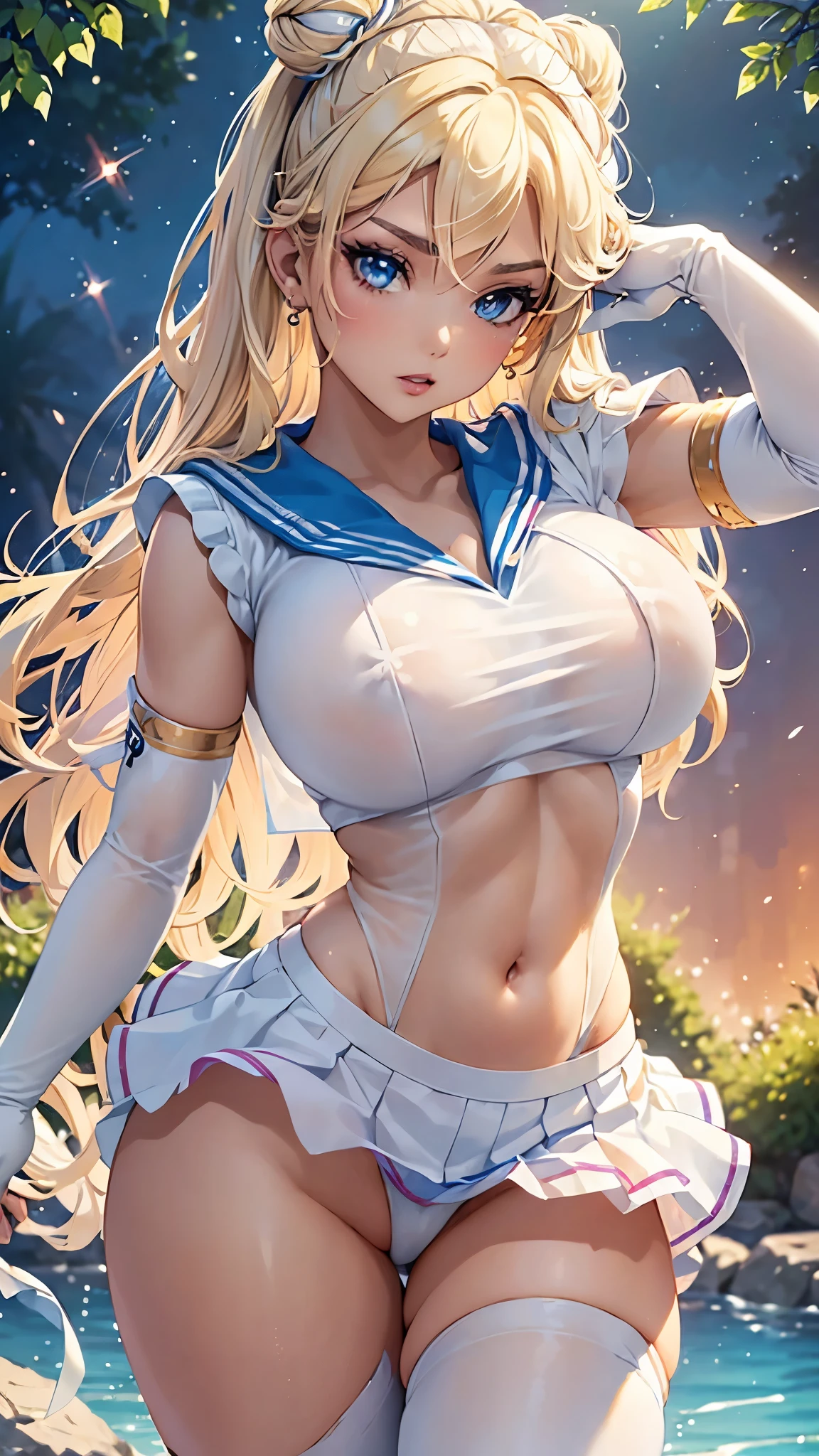 Close up, 1 girl, sailor, Tsukino Usagi, (sailor chiseki uniform:1.2),((See-Through top)), (aqua eyes:0.9), blonde hair, medium hair, wedge skirt, best quality, earrings, masterpiece, high resolution, intricate details, (realistic)), photography, (white elbow gloves:1.1), jewelry, medium breasts, full body, dynamic background, dynamic pose, white ((panties showing))