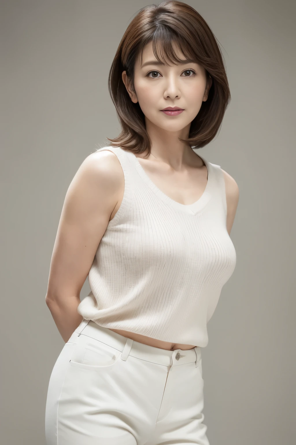 A woman in white pants and a white top posing for a picture - SeaArt AI