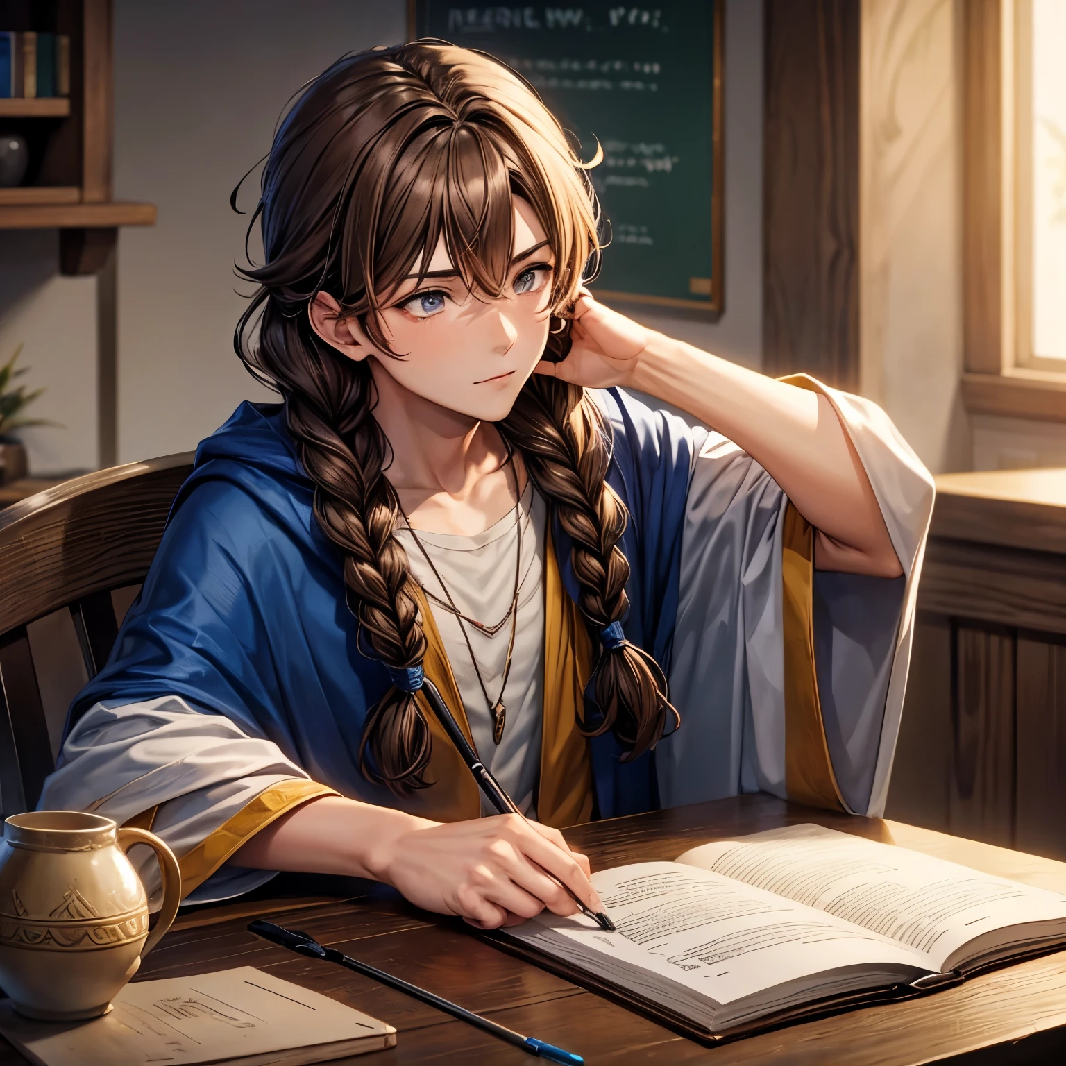 a male wizard with brown hair and braids