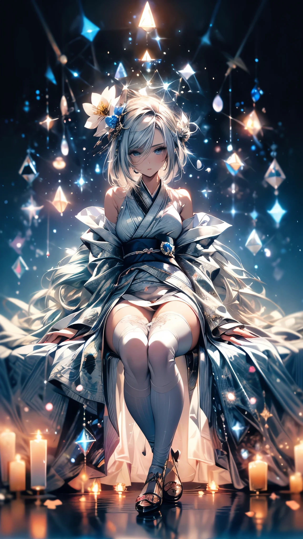 (Ultra-delicate), (Clear focus), (high resolution), Deformed depth of field blurred background, Detailed background, Perfect layer cutting, Atmospheric distance sense, (((full-body shot))), wallpaper, (((Silver hair gradient streaked light blue end))), Cute beauty face, (focus on face), Ultra-detailed facial texture, ((Clear light blue eyes)), thin eyebrows, long upper eyelashes, double eyelids, Upper Eye, High-fidelity eyes, (Super detailed eyes), Sexy and attractive lips, Richly detailed lips, White skin, delicate skin, Micro light, complicated, familiar, black magician, particle, constellation, Stardust, universe, ((flower)), comfortable peace, peaceful, Japan, Himiko, kimono, With crystal, Fortune Telling, time and space, artistic, 8K