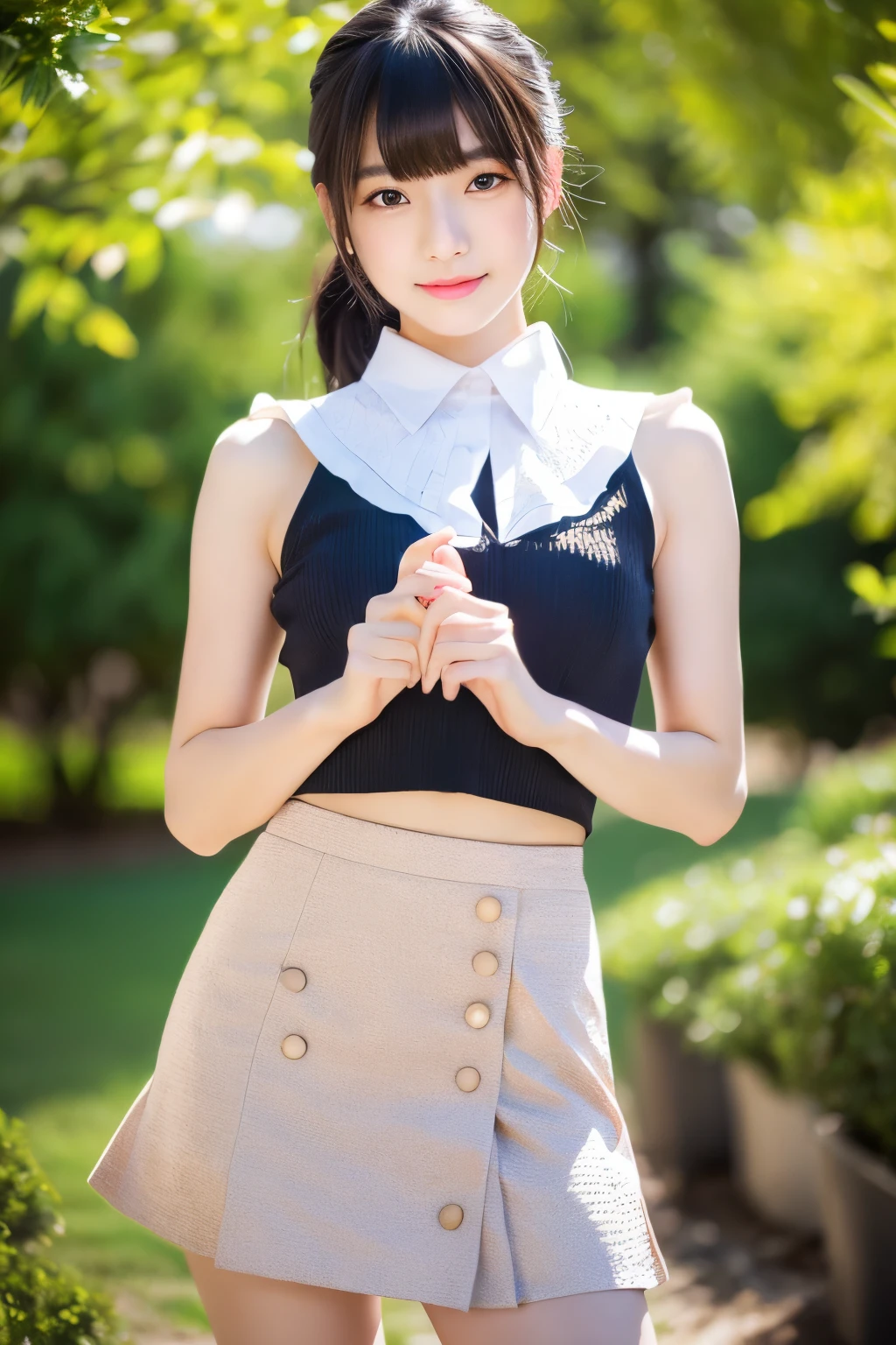 Japanese girl, Photorealsitic, Detailed skin, Detailed lips, Detailed eyebrows, PUPILS SPARKLING, depth of fields, ccurate, Super Detail, Best Quality, hight resolution, Anatomically correct, Textured skin, high details, High quality, short skirt, full body