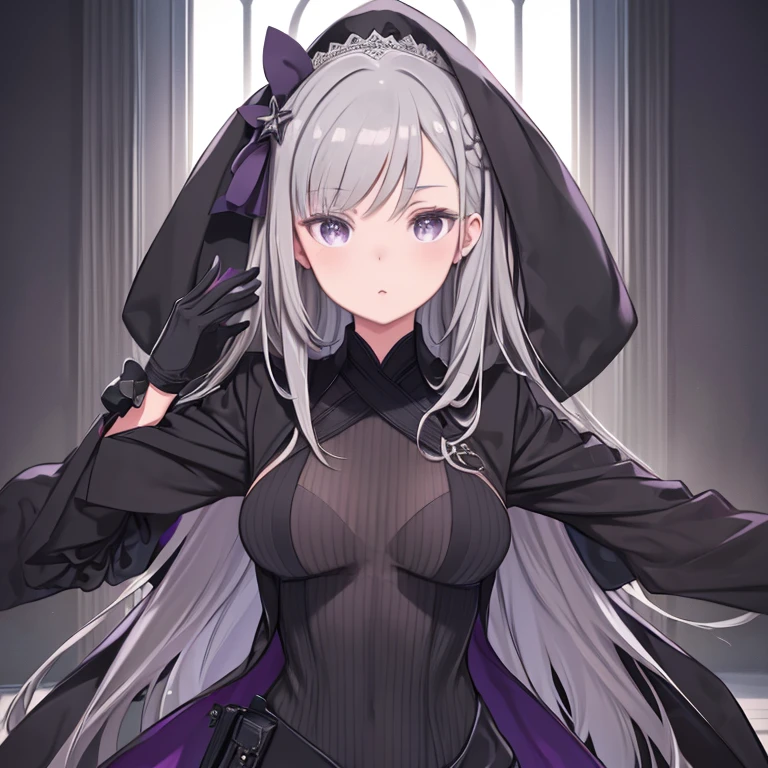 (masterpiece, highest quality:1.2), figure, 8k, High resolution, One girl, alone, (((Gray Hair, Purple Eye, Black coat,))) Large Breasts, Black trousers, indoor, (Skak:0.5), expensive, mature, elegant, Black gloves, Upper Body, from the front, Long Hair,