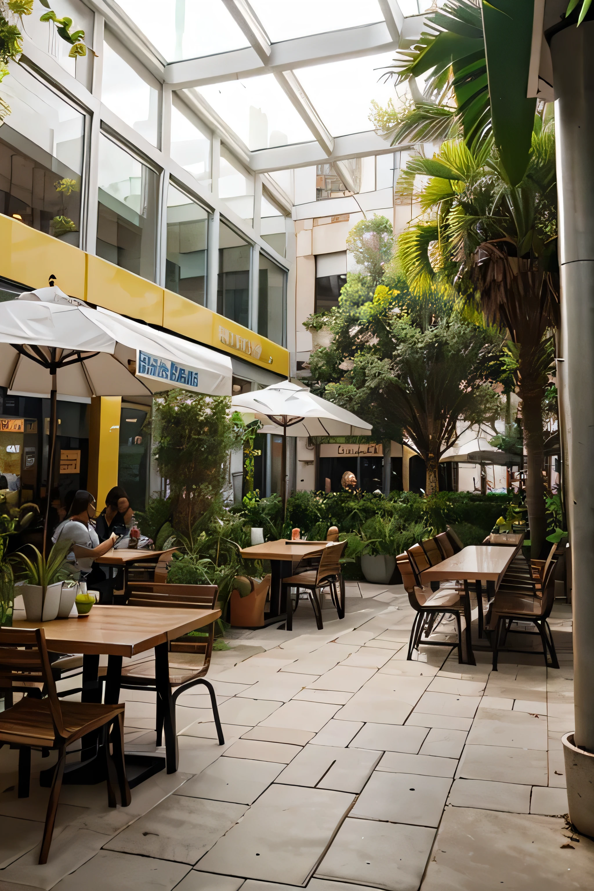 Un espacio para comer dentro de una plaza comercial, que tengas muchas mesas, luz calida, muchas plantas y varios puestos de comida, pero la plaza esta techada 