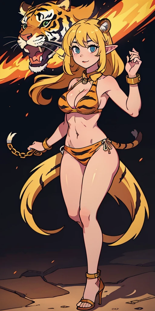 (8k), (photorealistic:1.4),best quality, ultra high res, highly detailed eyes, 1girl, sexy pose, cleavage cutout, female white long hair in yellow bikini with tiger stripes on it, abs, full body, tanned skin, high heels, tiger tail,slave collar on neck, elf female, tattered clothes, shackles on arms and legs, red navel tatto, abs, stomach exposed