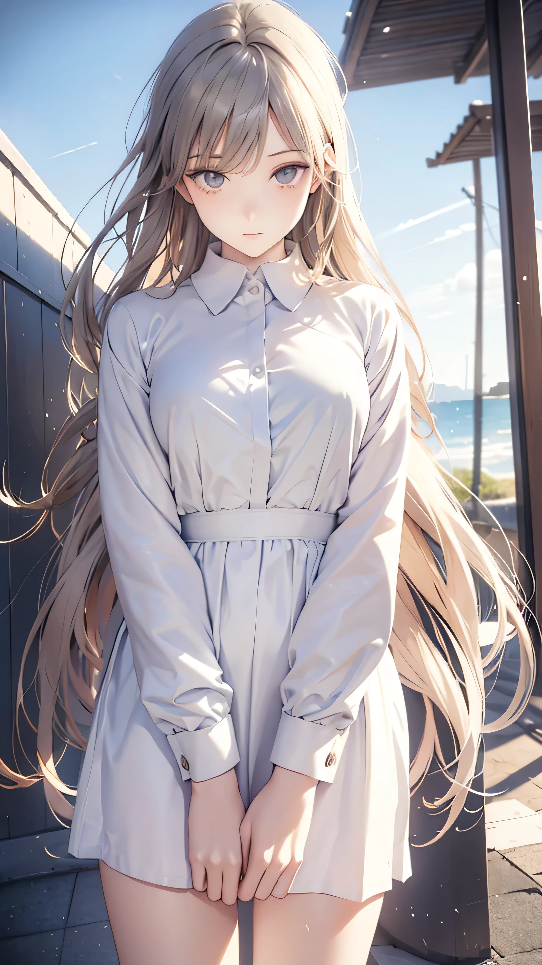 Super detailed, High resolution, realistic, Raw photo, ((real person)), fine skin, (delicate, light brown eyes ), Deutsch adult beautiful anime girl with slanted eyes, calm and calm, bright look、long hair, slender, white shirt, The wind is blowing, we say、photorealistic, masterpiece, highest quality, High resolution, look at me from above,