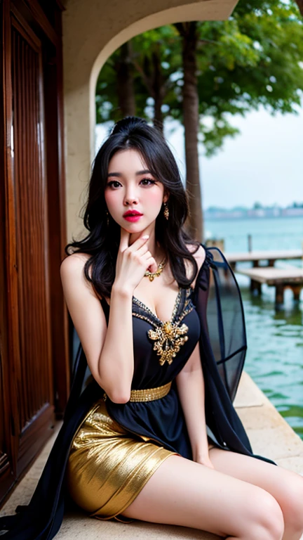 beautiful girl,sexy,black hair,Wearing a traditional Thai dress with white shoulders.,Sit in a sexy pose,By the pier