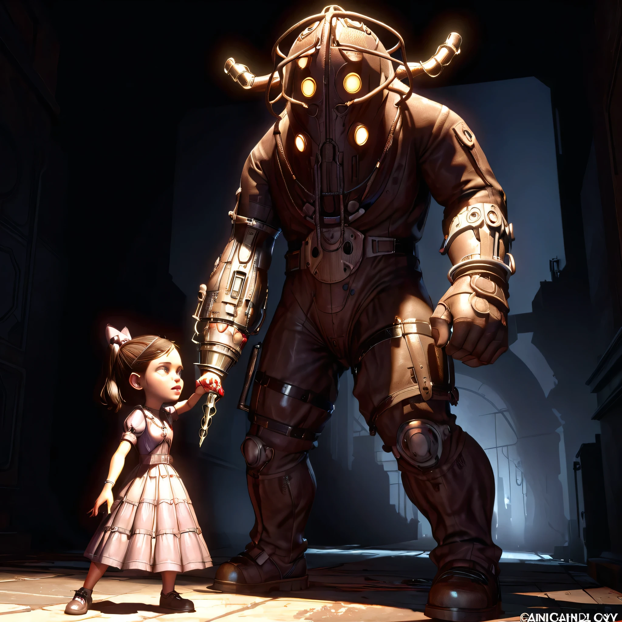 Little sister and big daddy,masterpice, bioshockstyle, 8k, ultra detailed, soft lighting,