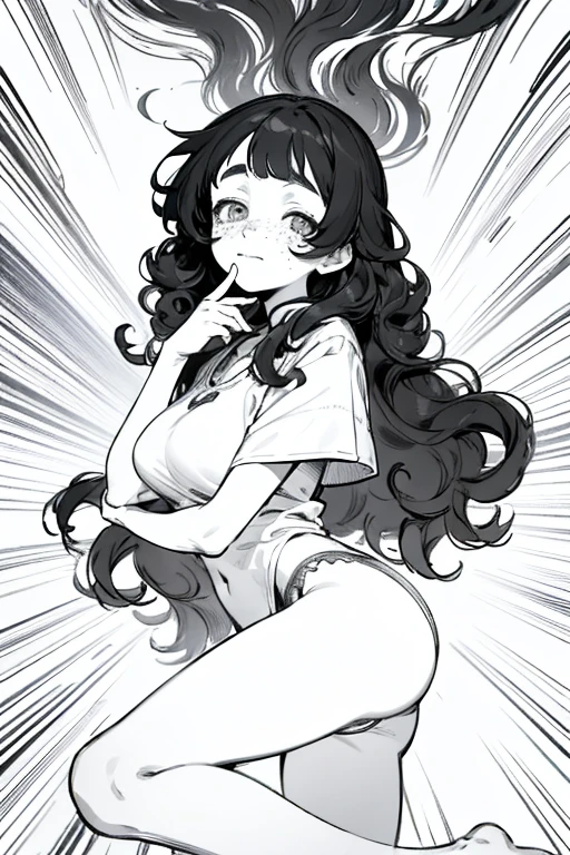 ((highest quality)), ((masterpiece)), (be familiar with), Perfect Face、Line art、Anime Style、Show the whole body、draft、Monochrome、Long Hair、Black Hair、cool、Calm、Very droopy eyes、upright、freckles、peek、Extremely curly hair、Curly hair、long hair、Expressionless、Resting her chin in her hand、underwear、smile、Big 、cute、freckles、Young、underwearにリボン、上品なunderwear、Bigtails