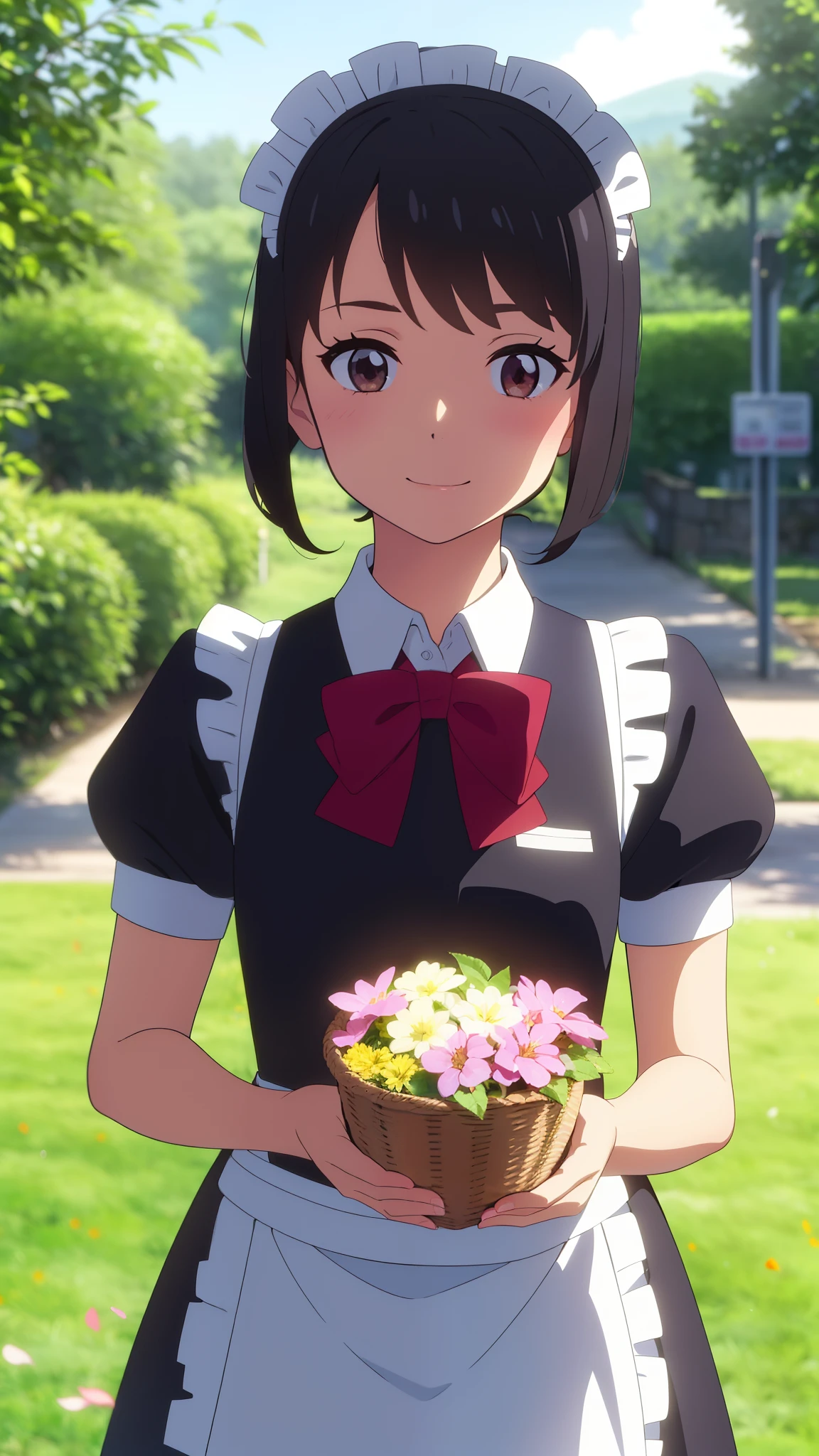 shinkai makoto, kimi no na wa., 1girl, bangs, black hair, short hair, blush, brown eyes, looking at the viewer, ((girl wear maid dress, short sleeves, short dress, short skirt, maid headdress)), Off-the-shoulders, red bow, red ribbon, smile, cute, happy, school, outdoors, sky, cloud, falling_petals, petals, branch, pink_flower, blue_sky, sunlight, spring_season, upper-body portrait