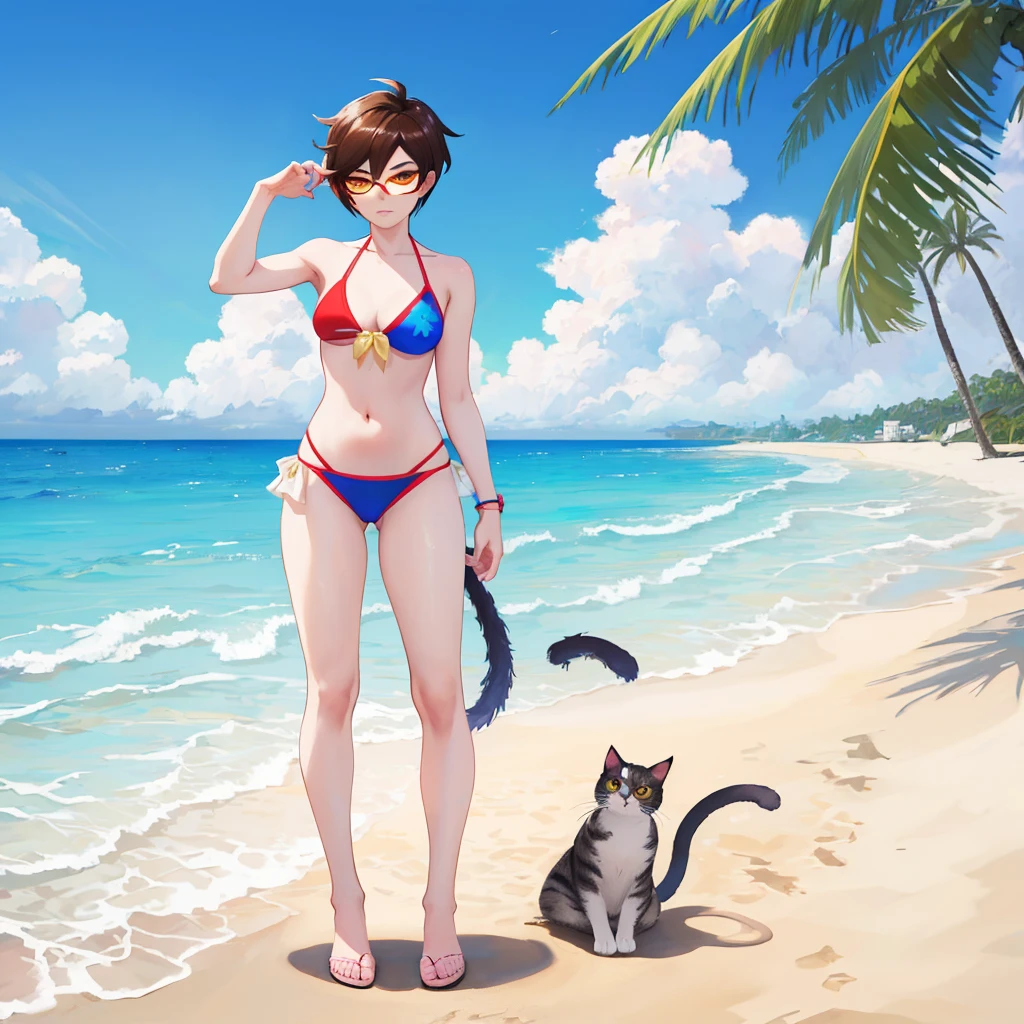 anime girl in a bikini on the beach with a cat tail, realistic bikini, commission for high res, Overwatch tracer in a bikini, full body:: sunny weather:: full body portrait of a short!, standing at the beach, on a sunny beach, at a tropical beach, at the beach, full body commission for, in the beach, posing on the beach