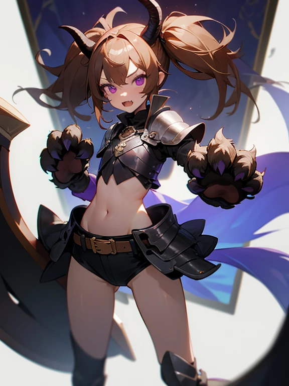 Masterpiece, best quality, expressive eyes, perfect face, 1girl, scythe, solo, horns, tail, hooves, monster girl, fang, skull, brown hair, twintails, navel, animal hands, animal ears, flat chest, purple eyes, belt, armor, mask, 