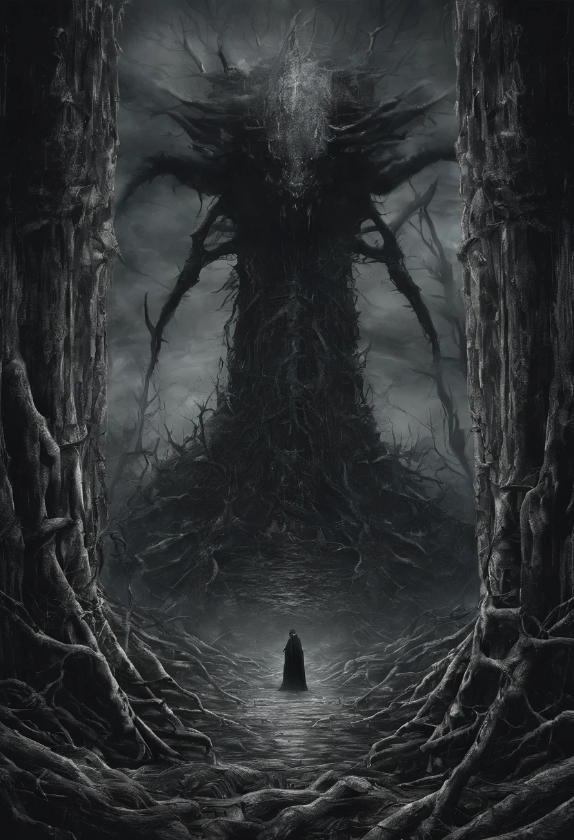 Horror,boca grande,garras,profano, altura,black liquid, olhos vazios, right hand raised,extinction,floresta sombria(hiper HD,obra-prima,hiper-detalhamento,alta qualidade:1.3),monstro。
