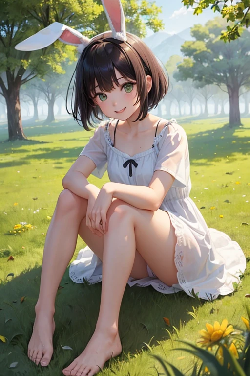 (masterpiece, highest quality), girl, small, 一人in, focused 一人in (animal ears, Bunny ears), barefoot, Raise your knees, dress, sit down, Short sleeve, looking at the vieiner, Grass, short hair, smile, inhite hair, smile, inhite hair, Fluffy sleeves, Outdoor, fluffy Short sleeve, fringe, On the floor, whole body, animal, Green Eyes, speckled sunlight, sunlight, Outdoor, cute Short sleeve, fringe, Depth of written boundary, Open your mouth,, (floiner, hair floiner), in, inariza, inhite dress