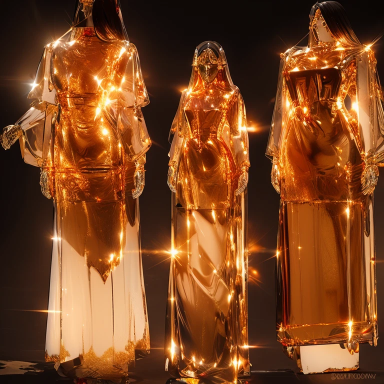 Women with mechanical bodies,
The face is a perfect human face,
The internal skeleton is translucent and gold except for the face.,
whole body mechanics,
Everyone is a different height,
Masterpiece Group,
Full Body Shot,
everyone is standing,
All of them are wearing translucent dresses of different colors.
