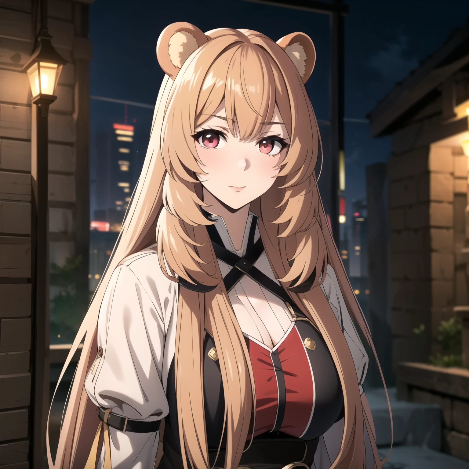 Raphtalia woman 24 years old blonde hair, orejas de oso, ojos rojos,  piel clara, pechos grandes , ropa de idos color rosa, de pie sobre un escenario rodeado de publico . luces de colores, idol.