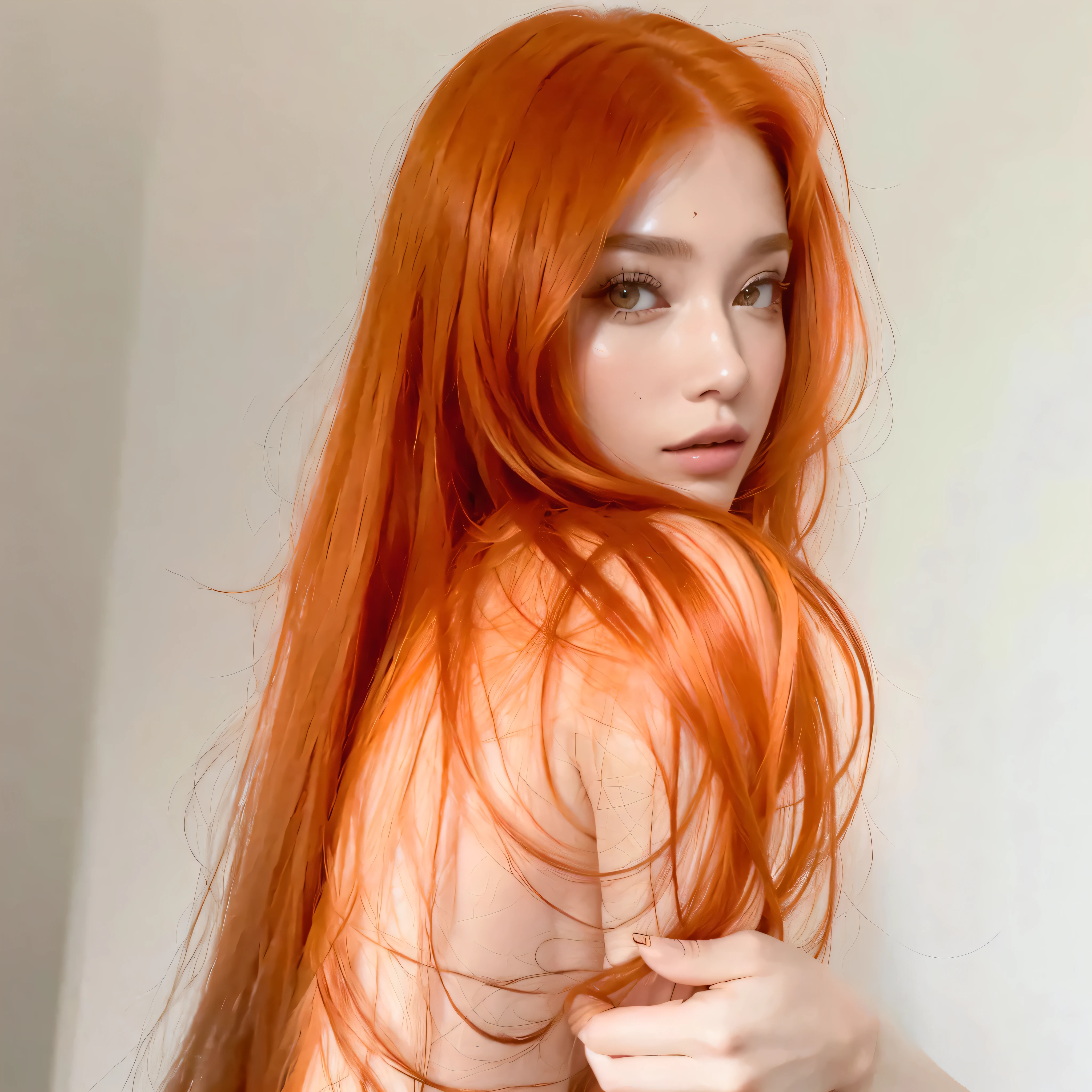 there is a woman with long red hair posing for a photo, pele e cabelos longos e ardentes, long cabelo laranja, orange flowing hair, she has long redcabelo laranja, very long cabelo laranja, cabelo laranja, cabelo laranja brilhante, ela tem longos cabelos castanhos alaranjados, long wavy cabelo laranja, cabelo longo colorido enferrujado, amoranto, long cabelo laranja floating on air