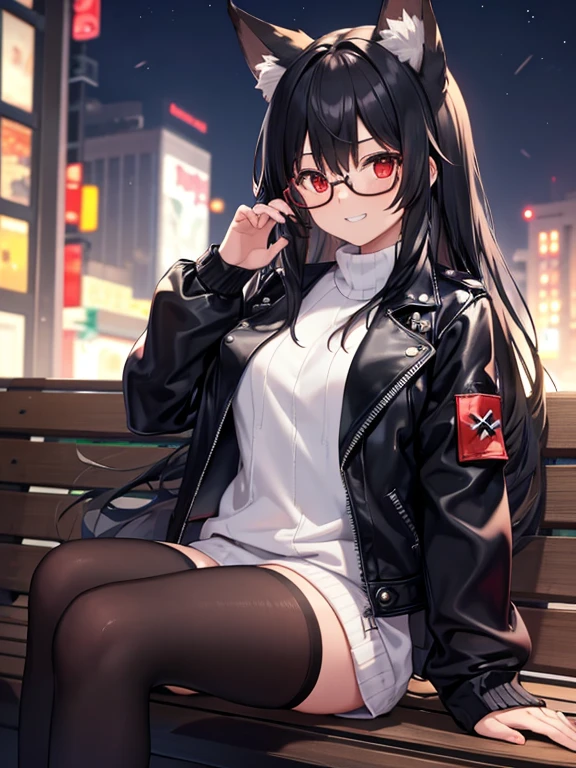 One girl, alone, Side Lock, Twin Blade, Black Hair, Red eyes, Conceit, Grin, Glasses, Sitting, bench, One, At night, Long Hair, White sweater,( leather jacket, Black jacket:1.2), Fox Girl, Fox Ears, Fox's Tail, jeans, Black Tail, Skin dents,