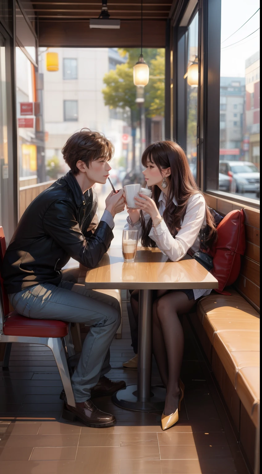Couple on a date at a cafe、Beautiful man and woman drinking coffee