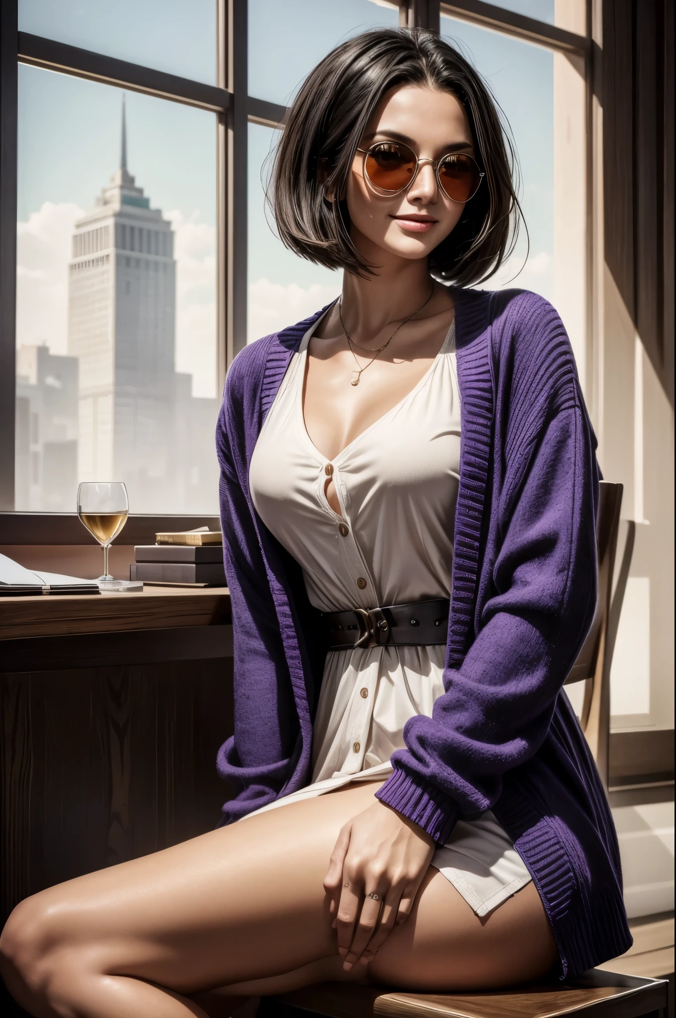 masterpiece, best quality, extremely detailed, hyperrealistic:1.1, photorealistic, a beautiful 20s russian model, ultra detailed face:1.1, bob cut, black hair, purple long cardigan, sunglasses on head:1.1, in urtla detailed modern office, in the sunshine:1.1, joyful smile:1.1, sitting, closed legs
